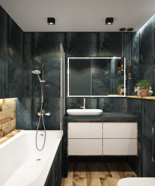 A bathroom with black walls and white fixtures.